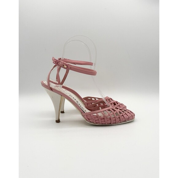 CHANEL Shoes - Chanel Pink Basketweave Leather CC Logo Ankle Strap Heels D'Orsay Sz EU 35.5